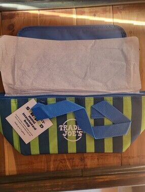 Trader Joe's Insulated Tote Bag - Blue & Lime Stripe